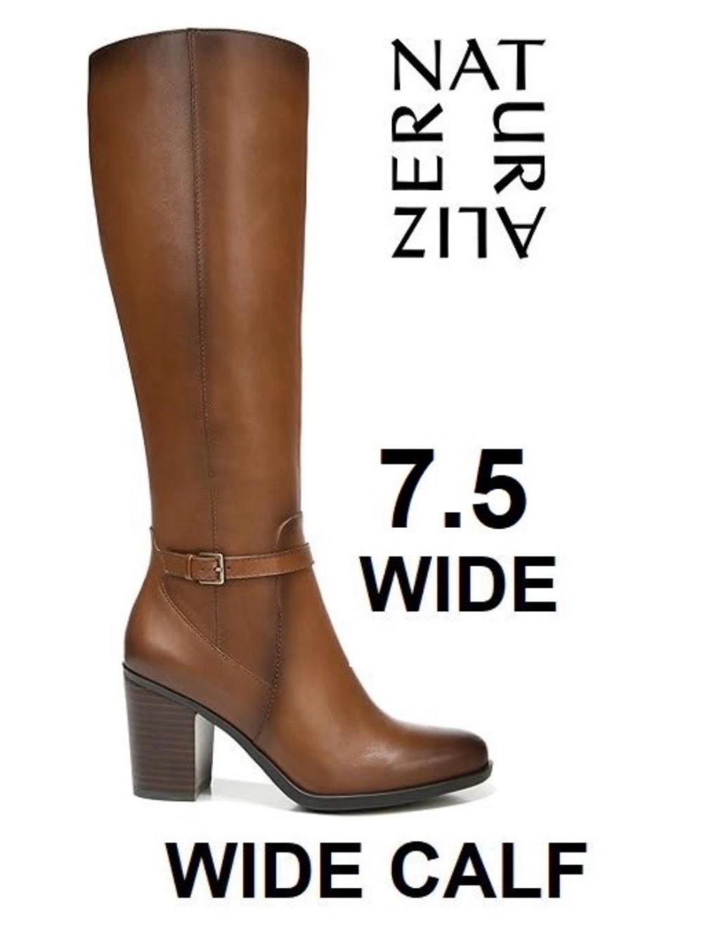 Naturalizer Tan Leather Knee-High Wide-Calf Block Heel Boots